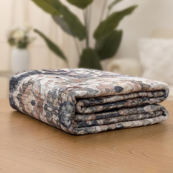 ReaLife Rugs Machine Washable Area Rug - Living Room Bedroom Bathroom Kitchen Entryway Office - Padded Low Pile Stain Resistant Premium - Boho Farmhouse Vintage - Joy - Brown Beige 7'6" x 9'6"