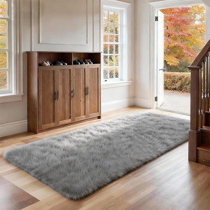 2x6 Solid Fluffy Grey Area Rug – Washable, Durable, Small Bedroom Runner Rug, Non-Slip Shag Rugs for Hallway, Living Room, Bedroom, Bedside, Dorms, Kids Room, Nursery Rooms, Soft Indoor Carpet