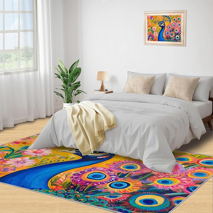 Peacock Rugs for Living Room - 6x9 Rug, Boho Floral Botanical Area Rugs for Bedroom, Wonderful Peacock Rug, Peafowl Washable Carpet, Floral Animal Carpet - Peafowl Home Decor & Gifts