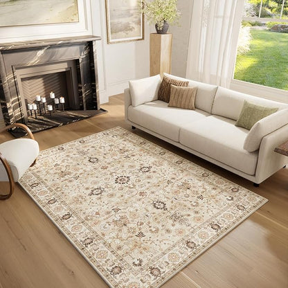 Washable Area Rugs 5'x7' Non-Slip Vintage Boho Distressed Fade Resistant Low Pile Carpet for High-Traffic Living Room, Bedroom & Dining Room