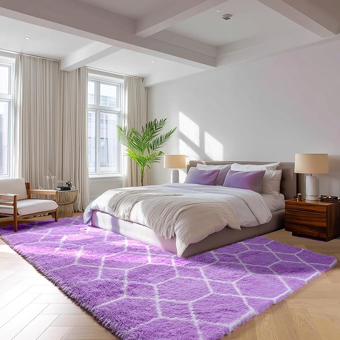 ONASAR 5x7 Area Rugs for Living Room Bedroom, Washable Fluffy Purple and White Throw Rug, Geometric Boho Soft Plush Shaggy Floor Bedside Carpet Mat for Nursery Kids Girls Boys Teen Dorm Home Decor