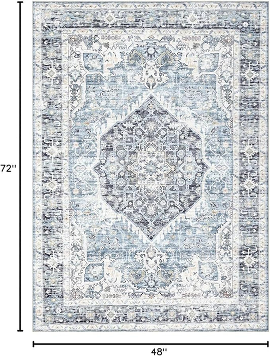 Area Rug 4×6, Vintage Boho Rug,Ultra-Soft Low Pile, Washable, Non Slip,Stain Resistant Printed Carpet for Living Room Bedrooms Playroom Office Kitchen, Light Blue