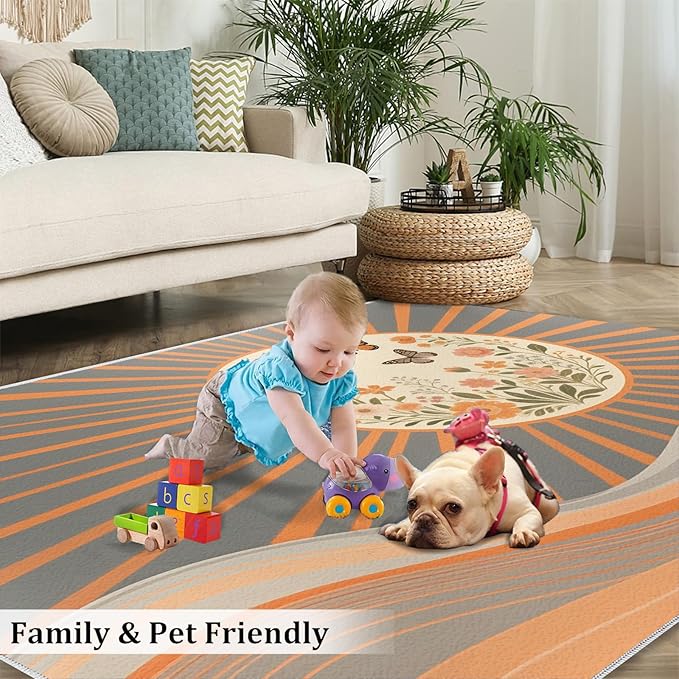 Boho Sun Area Rugs 5x8ft, Minimalist Line Living Room Carpet, Geometric Solar Decorative Carpet Protect Floor for Bedroom Men Office Hardwood Floors