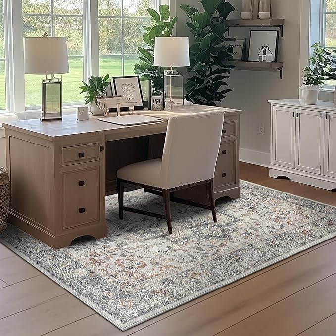 Farmhouse 6x9 Area Rugs for Living Room, Low Pile Thin Washable Non Slip Rugs for Bedroom Dining Room, Distressed Medallion Printed Soft Carpet for Home Office Guest Room, Grey/Orange-Brown