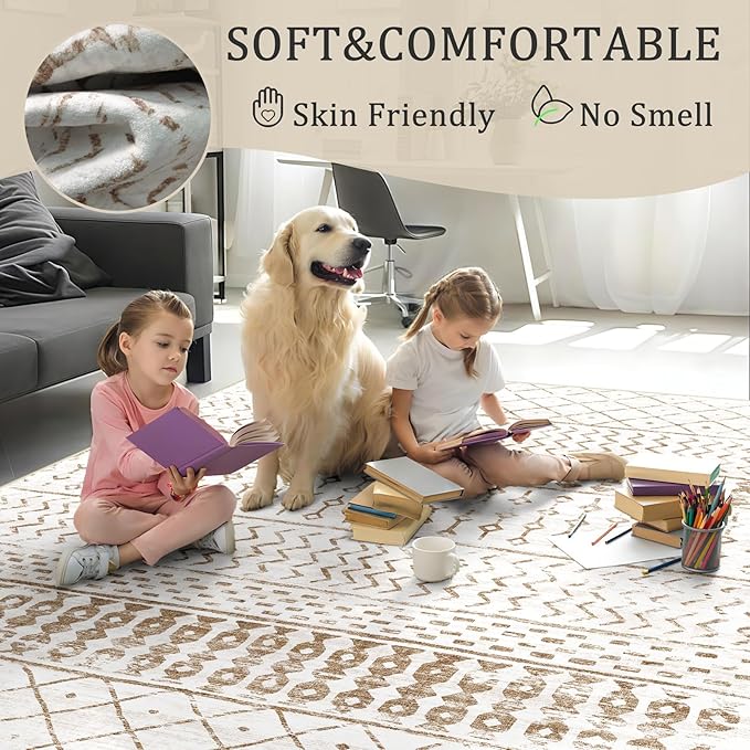 6x9 Machine Washable Area Rug for Living Room, Brown White Vintage Moroccan Rug Large Non-Slip Low Pile Soft Faux Wool Carpet, Kids and Pets Friendly for Bedroom Dining Room Farmhouse Home Decor Rug