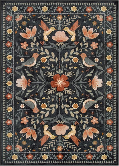 Moynesa 3x5 Entryway Rug Indoor, Modern Transitional Washable Non-Slip Low Pile Black Area Rug for Bedroom Kitchen Entry,Lightweight Foldable Farmhouse Floral Bird Carpet Folk Art Home Decor