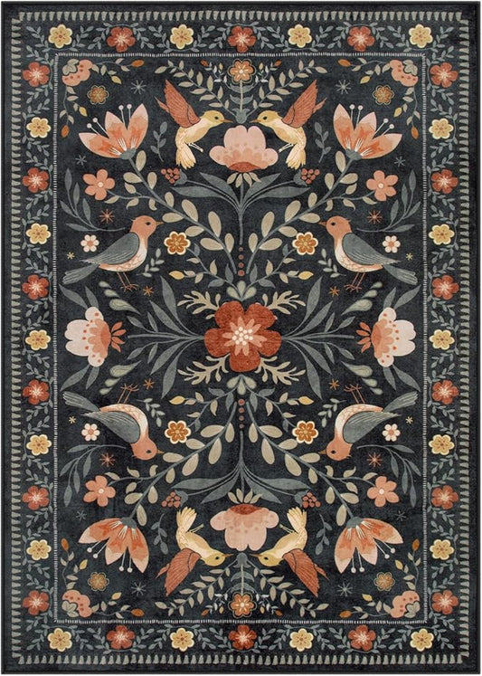 Moynesa 3x5 Entryway Rug Indoor, Modern Transitional Washable Non-Slip Low Pile Black Area Rug for Bedroom Kitchen Entry,Lightweight Foldable Farmhouse Floral Bird Carpet Folk Art Home Decor