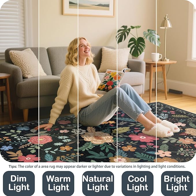 5x7 Area Rug, Floral Rugs for Living Room, Stain-Resistant Washable Bedroom Rug, Non-Slip Area Rugs for Dining Room Under Table, Indoor Carpet for Home Office (5 x 7 Black)