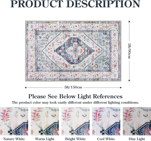 Lahome Boho Round Rug - 9Ft Washable Area Rug, Non-Slip Small Bathroom Rug, Lightweight Bedroom Throw, Oriental Distressed Print Carpet for Entryway, Sofa, Nursery, Kids Room