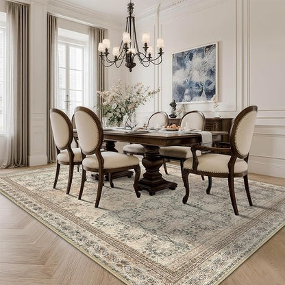Large 8x10 Washable Area Rug for Living Room, No Shedding Vintage Floral Print Rugs Non Slip, Indoor Foldable Thin Retro Accent Carpet for Bedroom Farmhouse Dining Room Beige/Pink/Orange