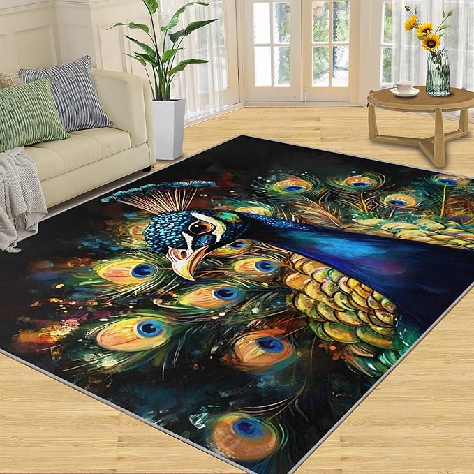 Peacock Rugs for Bedroom - 6x8 Area Rug - 3D Peacock Rugs for Living Room, Abstract Watercolor Animal Rug, Non-Slip Washable Home Decor Carpet