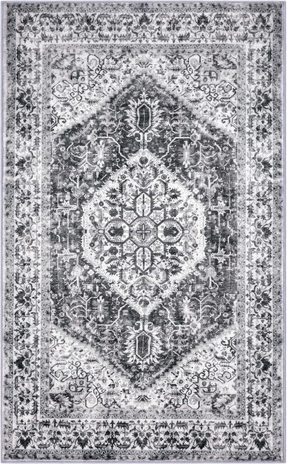 KOZYFLY Boho Area Rug 5x7 Ft Thin Rugs for Living Room Washable Bedroom Rug Non Slip Rugs for Living Room Printed Faux Wool Bedroom Rug Floor Carpet for Dining Room, Grey