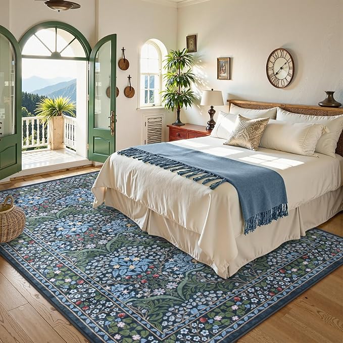 Lahome Floral Washable Area Rugs 5x7, Soft Blue Rugs for Living Room Bedroom, Boho Non Slip Low Pile Forest Stain Resistance Large Throw Carpet for Farmhouse Dining Room Office, Blue