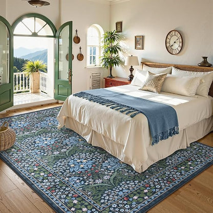 Lahome Floral Washable Area Rugs 5x7, Soft Blue Rugs for Living Room Bedroom, Boho Non Slip Low Pile Forest Stain Resistance Large Throw Carpet for Farmhouse Dining Room Office, Blue