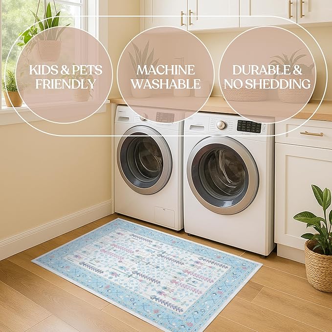 Fame Living Cream Blue Oushak Rug, Modern Small Rugs, Vintage, Turkish, Eclectic, Floral, Pastel, Washable, Door Mat, Doormat for Indoor Entrance, Entryway, Kitchen, Bathroom, Bedroom, Laundry, 2'x3'