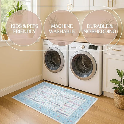 Fame Living Cream Blue Oushak Rug, Modern Small Rugs, Vintage, Turkish, Eclectic, Floral, Pastel, Washable, Door Mat, Doormat for Indoor Entrance, Entryway, Kitchen, Bathroom, Bedroom, Laundry, 2'x3'