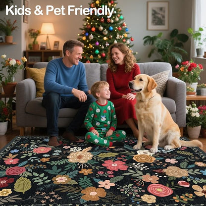 8x10 Area Rug, Floral Rugs for Living Room, Stain-Resistant Washable Bedroom Rug, Non-Slip Area Rugs for Dining Room Under Table, Indoor Rug for Home Office (8 x 10 Black)