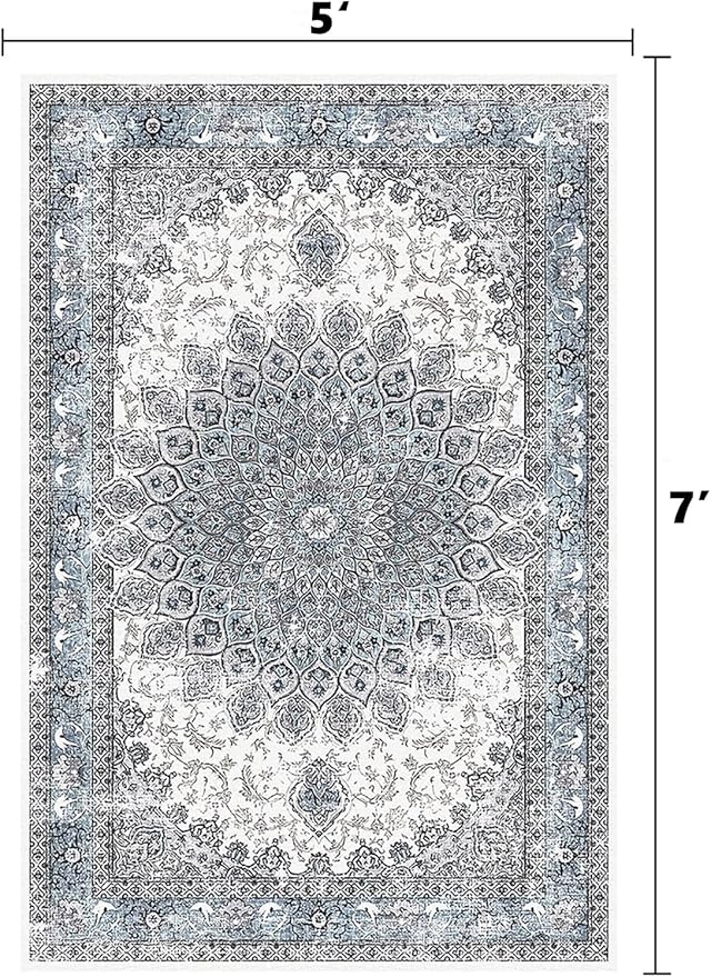 5’x7’ Area Rugs for Living Room Non Slip Washable Low Pile Area Rugs for Bedroom Dining Foldable Vintage Carpets Blue