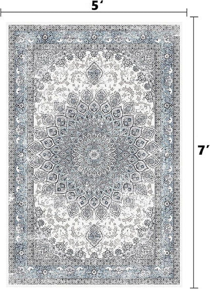 5’x7’ Area Rugs for Living Room Non Slip Washable Low Pile Area Rugs for Bedroom Dining Foldable Vintage Carpets Blue
