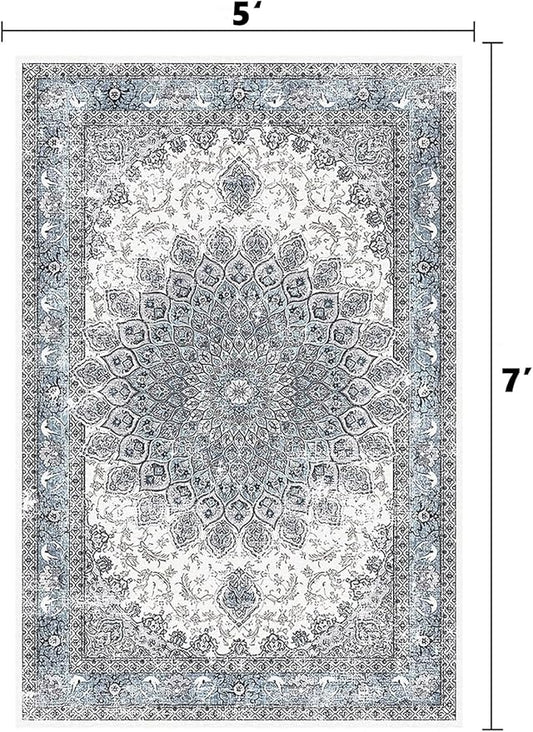 5’x7’ Area Rugs for Living Room Non Slip Washable Low Pile Area Rugs for Bedroom Dining Foldable Vintage Carpets Blue