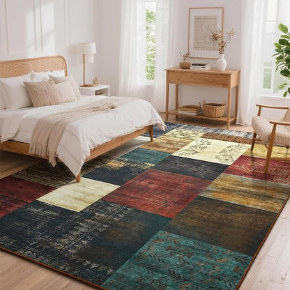Tepook Modern Area Rug for Living Room, 8x10 Geometric Large Rugs for Bedroom, Washable Patchwork Rug Indoor Non-Slip Throw Carpets for Dining Room Office Farmhouse Home Decor, Multi
