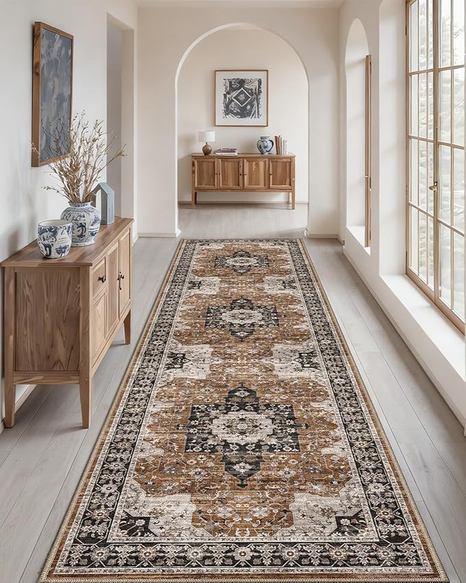 DEXI Hallway Runner Rug 3x8, Distressed Non Slip Runners Carpet, Boho Vintage Soft Thin Indoor Rug, Stain Resistant Washable Entry Mat for Entryway Kitchen Laundry Room Living Room, Brown