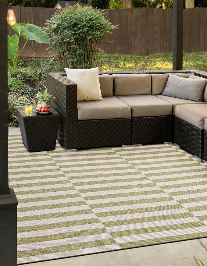 Unique Loom Outdoor Striped Collection Area Rug - Striped (6' 1" Square Green/Ivory)