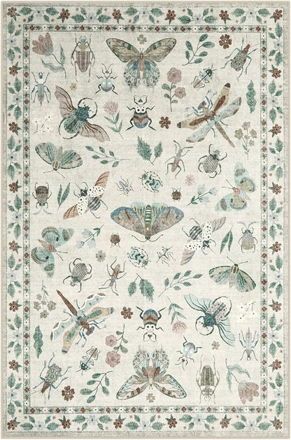 Lahome Insect Print Washable Rugs for Living Room, Soft 6x9 Area Rugs for Bedroom, Ultra-Thin Non Slip Modern Area Rug Low Pile Stain Resistant Throw Carpet for Dining Room Office(6'x9',Beige)