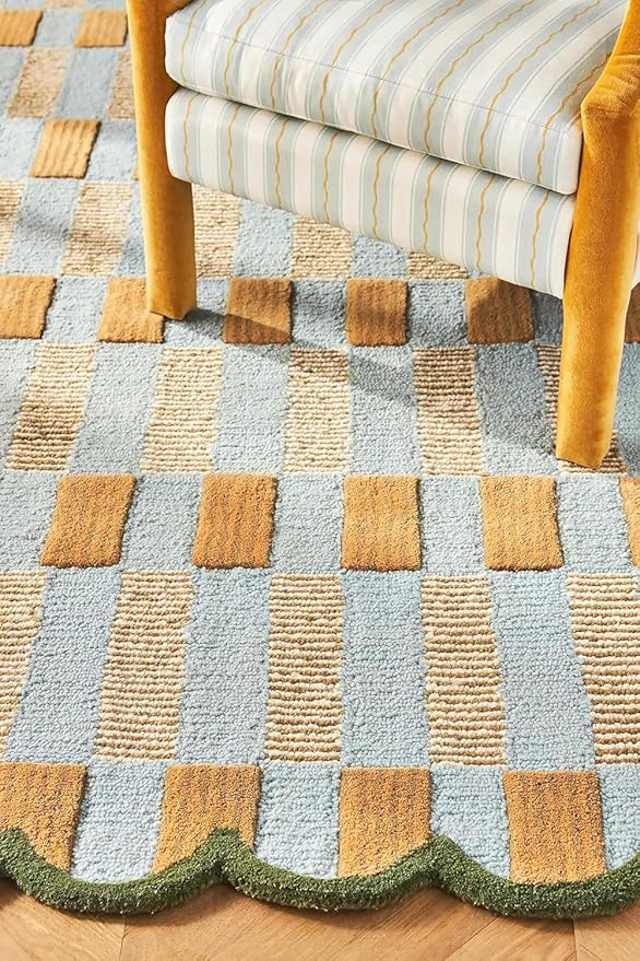Hand-Tufted Wool Rug with Scalloped Edges, Light Blue Plaid Pattern, Cozy Soft Area Rug for Living Room, Bedroom, and Nursery, Handmade Modern Accent Rug (Blue, 12X15 FEET)