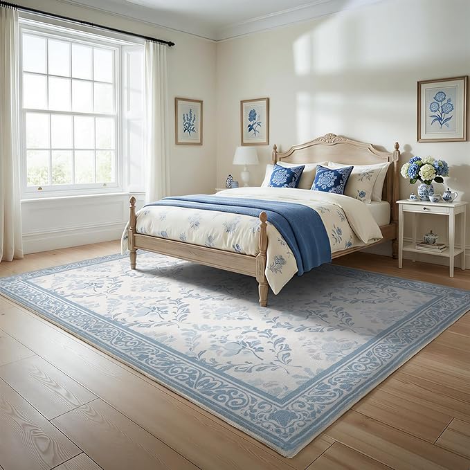 SOULFUL Medium Pile 4x6 Rugs for Living Room - Soft Underfoot Area Rug - Mist Blue Boho Floral - Washable Non-Slip - Perfect for Bedroom Kids Room Under Dining Table Office