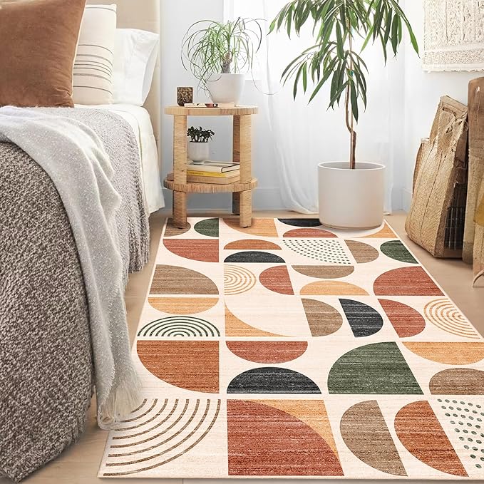 MUJOO 3x5 Rug Washable,Boho Area Rugs for Bedroom Entryway Living Room Bedside,Small Throw Floor Carpet Non Slip Soft Indoor Modern Abstract Bohemian Terracotta