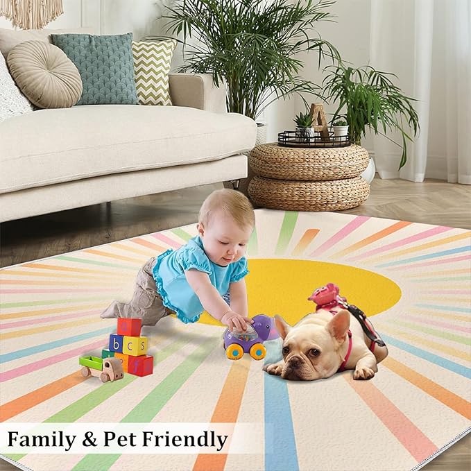 Boho Sun Area Rugs 5x8ft, Minimalist Sunburst Living Room Carpet, Abstraction Deco Decorative Carpet Protect Floor for Bedroom Men Office Hardwood Floors