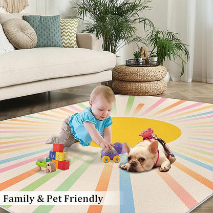 Boho Sun Area Rugs 3x5ft, Minimalist Sunburst Boys Rugs for Bedroom, Abstraction Deco Kids Room Rug Soft Fuzzy Washable for Living Room Game Room Coffee Table