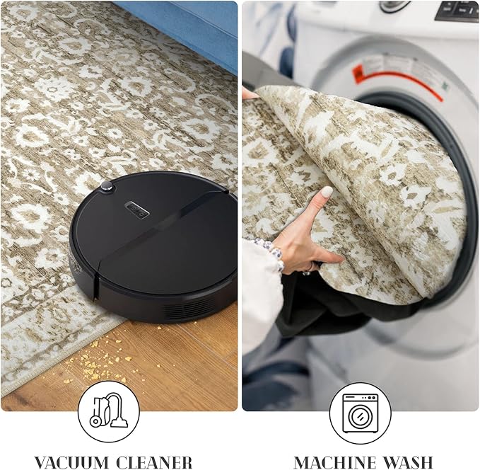 Vintage Floral 3x5 Rug, Beige Tan White Entryway Rug Neutral Small Area Rug Washable Non-Slip Throw Rug, Thin Printed Faux Wool Kitchen Rugs Super Soft Capet for Entrance Bedroom Office
