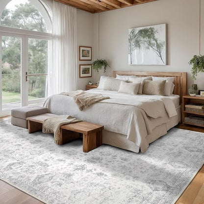 Washable 10×14 Area Rug for Living Room, Vintage Floral Rug Soft Non Slip Stain Resistant Boho Carpet for Bedroom Dinning Room Kitchen Home Office Grey