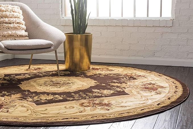 Unique Loom Versailles Collection Traditional Classic Floral Motif Area Rug (8' 0 x 8' 0 Round, Brown/ Ivory)