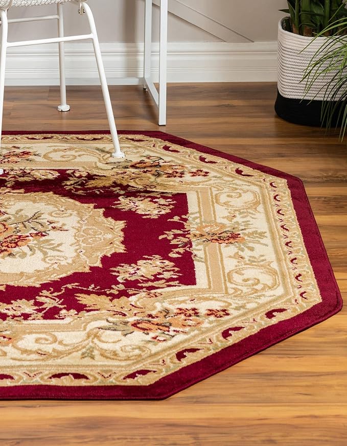Rugs.com Chateau Collection Rug – 8' Octagon Red Medium Rug Perfect for Living Rooms, Kitchens, Entryways