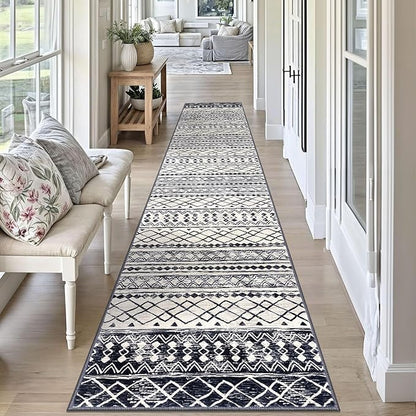 KUTA Moroccan Washable Runner Rug, 2x10 Non-Slip Vintage Black Navy Blue Boho Hallway Kitchen Runners Ultra Soft Distressed Geometric Floor Carpet Rugs for Bedroom Laundry Living Room