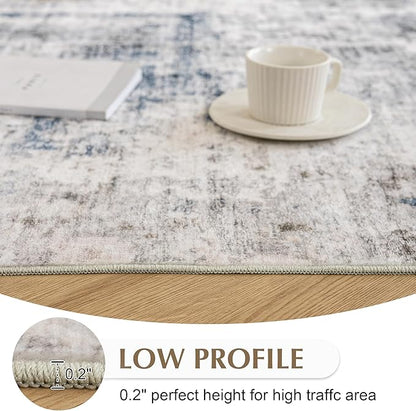 FMFUNCTEX 6x9 Washable Area Rug Brown Blue Neutral Abstract Modern Large Non Slip Carpet for Living Room Bedroom Soft Low Pile Indoor Mat Thin Accent Throw Rug for Dining Room Kitchen Office Nursery