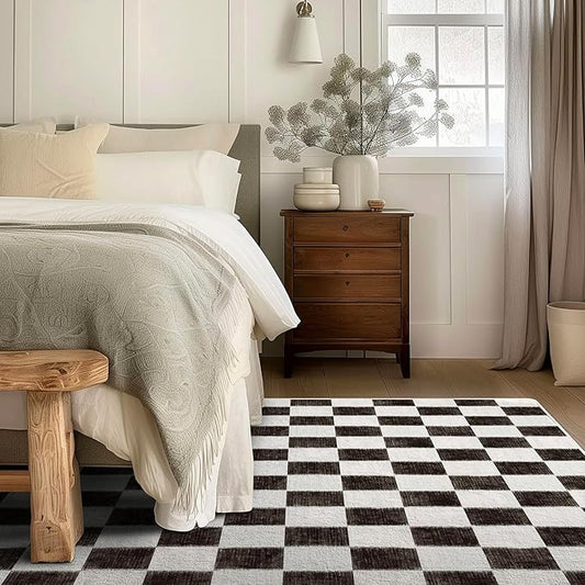 EVERGRACE Checkered Plaid Area Rug 6x9, Soft Faux Wool Rugs Washable Anti Slip Rugs Large Rug Carpet for Entryway Bedroom Living Room Hallway Kitchen and Laundry Room, Black and White