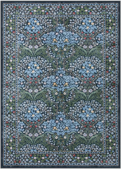Lahome Floral Washable Area Rugs 5x7, Soft Blue Rugs for Living Room Bedroom, Boho Non Slip Low Pile Forest Stain Resistance Large Throw Carpet for Farmhouse Dining Room Office, Blue
