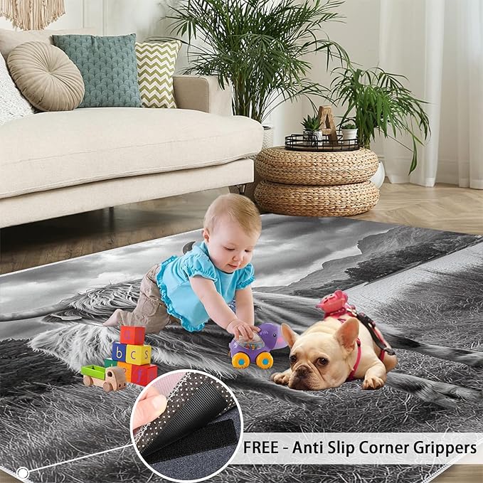 Highland Cattle Rugs for Bedroom - 3x4 Area Rug - Black White Highland Cattle Rugs for Living Room, 3D Natural Landscape Rug, Non-Slip Washable Home Decor Carpet
