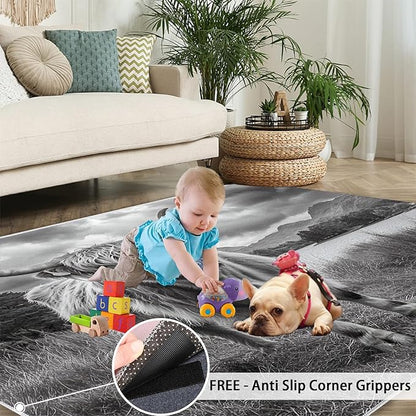 Highland Cattle Rugs for Bedroom - 3x4 Area Rug - Black White Highland Cattle Rugs for Living Room, 3D Natural Landscape Rug, Non-Slip Washable Home Decor Carpet