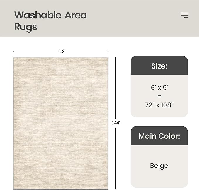 Valenrug Washable Rugs 6x9 - Non Slip 6x9 Area Rugs for Living Room, Stain Resistant Area Rugs for Bedroom, Foldable Machine Washable Area Rug(6'x9', Beige)