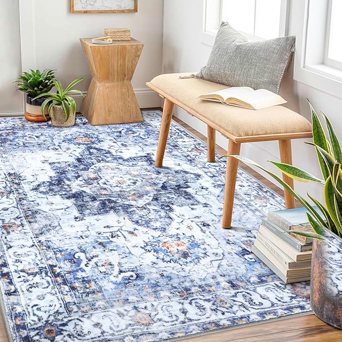COMSLE 4x6 Rugs for Living Room Washable Area Rugs for Bedroom Faux Wool Distressed Throw Rugs Absorbent Non-Slip Floor Carpet for Indoor Kitchen Laundry Room Blue