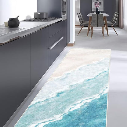 Beach Pattern 2x6ft Runner Rug Non Slip Washable Kitchen Runner Rug with Rubber Backing，Low-Pile Soft Washable Runner Rugs for Hallway Entryway Kitchen Bedroom Living Room Bathroom