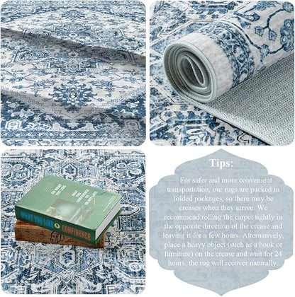 LIVEBOX Blue Washable Area Rug 5x7 - Large Vintage Tribal Living Room Non-Slip Indoor Carpet for Bedroom, Low-Pile Retro Print Distressed Accent for Nursery Entryway Office