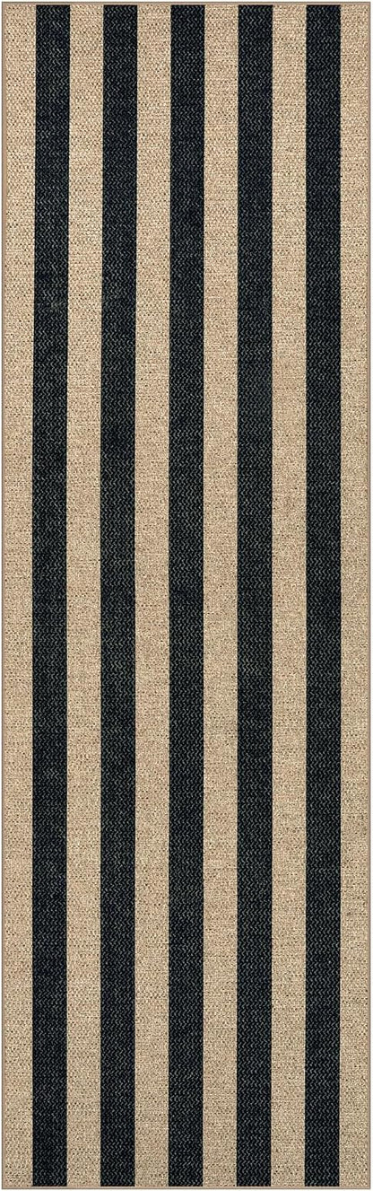 Lahome Striped Easy Jute Kitchen Runner, 2x8 Washable Runner Rug for Hallway Entryway, Farmhouse Non Slip Non Shedding Black Indoor Outdoor Carpet for Entry Porch