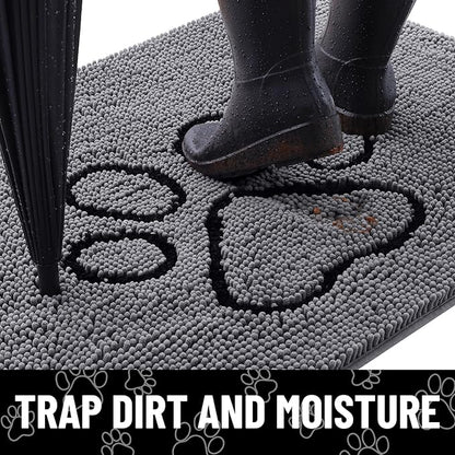 Smiry Dog Door Mat for Muddy Paws, Absorbent Dirt Trapper Non Slip Quick Dry Washable Chenille Mat for Mud Dogs, Entry Rug for Indoor and Outdoor (40x32 Inches, Dark Grey and Black)