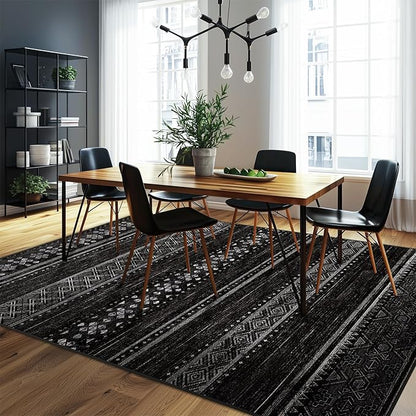BESTSWEETIE 9x12 Area Rugs for Living Room Washable Moroccan Farmhouse Neutral Geometric Low Pile Non-Slip Soft Print Pattern Rug for Bedroom Kitchen Dining Room Entryway Black/White